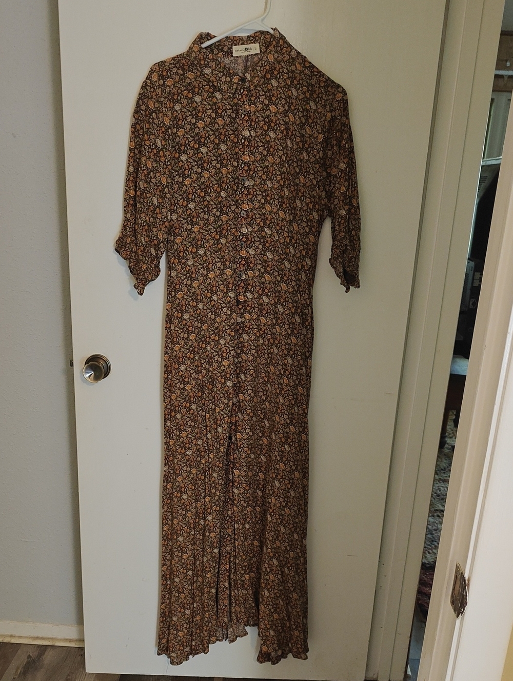 Natural Life Brown Collared Floral Button-Front Maxi Shirt Dress